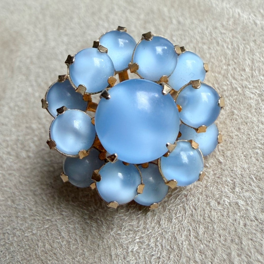 Vtg Blue Acrylic Moonglow Art Glass Cabochon Rhinestone Scatter Pin Brooch