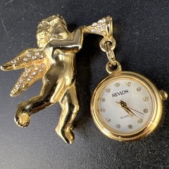 Vintage Revlon 1.5” Cherub Angel Watch Brooch Pin Gold Tone New Battery