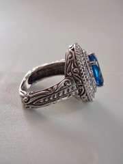 Vintage Art Deco London Blue Topaz CZ Halo Cocktail Ring Size 7 Sterling Silver