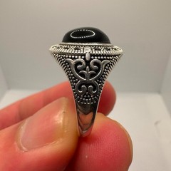 Vintage 925 Sterling Silver Statement Gents Onyx Engraved Signet Time Gothic
