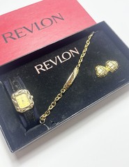 Vintage Revlon Watch Bracelet & Earrings Jewelry Set In Box