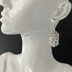 Art Deco Revival Rhinestone Earrings Dangle Leverback Silver Tone Crystal