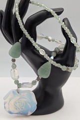 Vtg Sterling Silver Large Opalite Rose Flower Carved Jade Leaf Necklace
