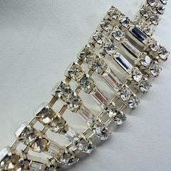 Vintage Mid Century Clear Rhinestone Baguette Choker Necklace Silver Tone Wide
