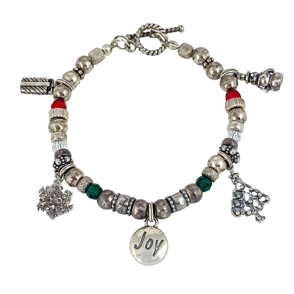 Christmas Holiday Red Green Charm Bracelet | Vintage Sterling Silver 925 | 6.75″