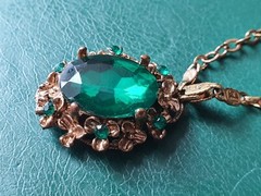 Vintage Jewelry, Green Stones and Chain Pendant, Antique Jewelry, Made in USSR