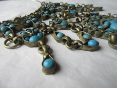 Tribal Choker BIB Style Turquoise glass stones Dangles Brass on Silver Necklace