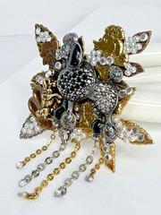 Large Vintage Rhinestone French Poodle Dog Brooch Pearls Leaves Dangling Chains