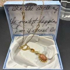 Vintage 12k GF Pocket Watch Chain FOB Necklace, Dog Clip,Goldstone & Citrine Gem