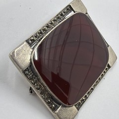 Vintage 925 Sterling Silver Square Dark Red Carnelian Stone Brooch Pin 20.8Gr