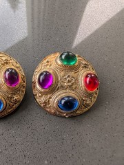 Vintage Multicolor Cabochon Costume Clip On Earrings Gold Tone Chunky Heavy R48