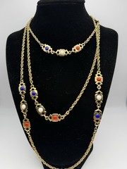 Vintage Red, White & Blue Gold Tone Station Necklace 56” Opera