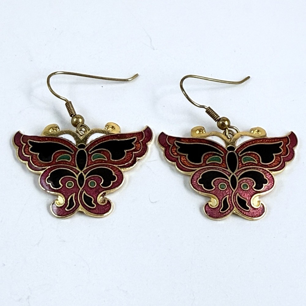 Vintage Cloisonne Enameled Butterfly Gold Tone French Wire Pierced Earrings