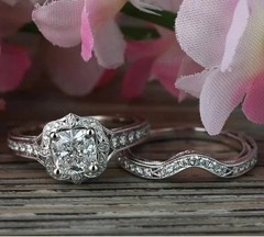 Art Deco Cushion Lab Created Diamond Valentine’s 14Ct White Gold Finish Ring Set