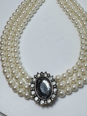 Vintage 3 Strand Faux Pearl Choker Necklace Smoky Rhinestone Gunmetal Clasp
