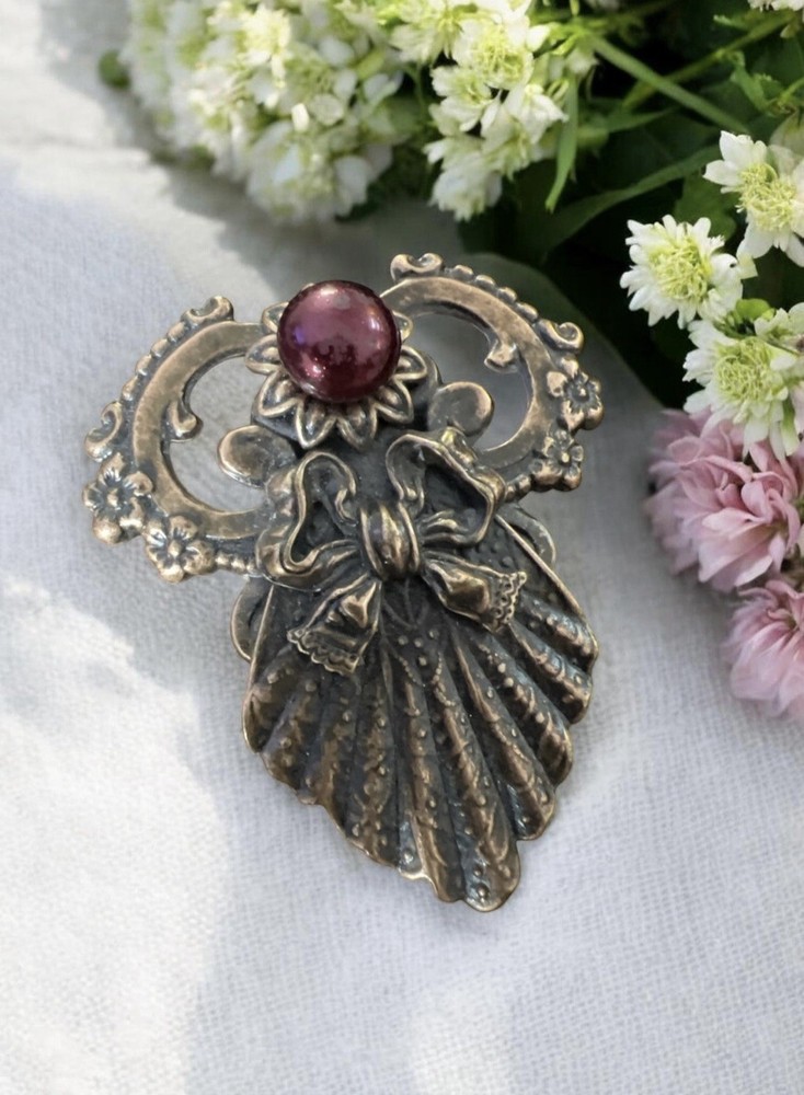 2000 Signed Jane AOL Angels of Love Copper Tone Purple Rhinestone Brooch Pin Bow