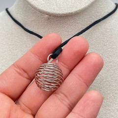 Vintage Y2K Silver-Tone Black Cord Spiral Cage Pendant & Key Chain Set Necklace