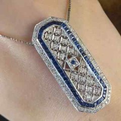Art Deco Style Sapphire & Lab Created Diamond Wedding 14k White Gold Fn Pendant