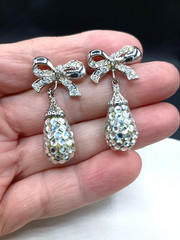 Vintage Rhinestone Bow Earrings Dangle Stud Mirror Disco Ball Glam Party 1″