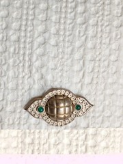 Unique Vintage “Sterling NR” Goldtone Vermeil Brooch Pin Green Glass 2.5in