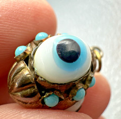 Vtg Victorian? Triple Evil Eye Blown Glass Gilted Brass Pendant Good Luck Amulet
