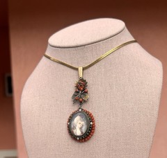 Antique Yellow Gold + Silver Coral Seed Pearls Hand Painted Portrait Pendant