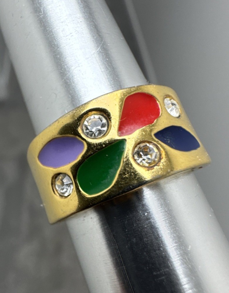 Vintage Gold Plated Teardrop-Shaped Inlays Multicolored Enamel Rhinestone Ring