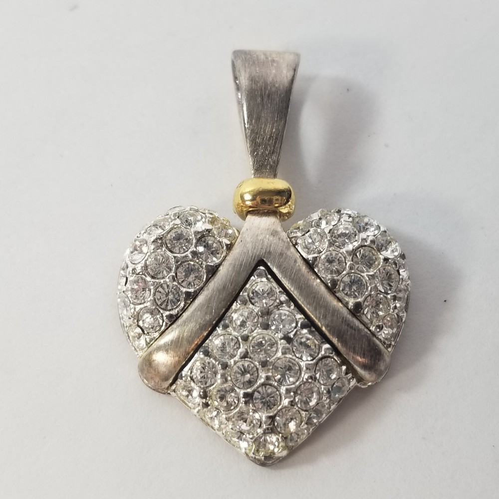 Vintage Premiere Designs Signed Heart Rhinestone Pendant Silver Tone Gold Tone