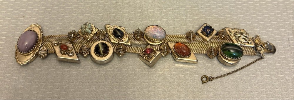 Victorian Revival Bracelet Mesh Jeweled Slide Charms Faux Gems Bold Statement
