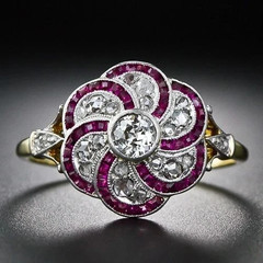Vintage Art Deco Style Lab Created Diamond & Ruby Wedding 14K Gold Finish Ring