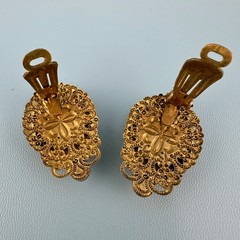 Vintage West Germany Clip On Earrings Gold Tone Filigree Floral Decal Rhinestone