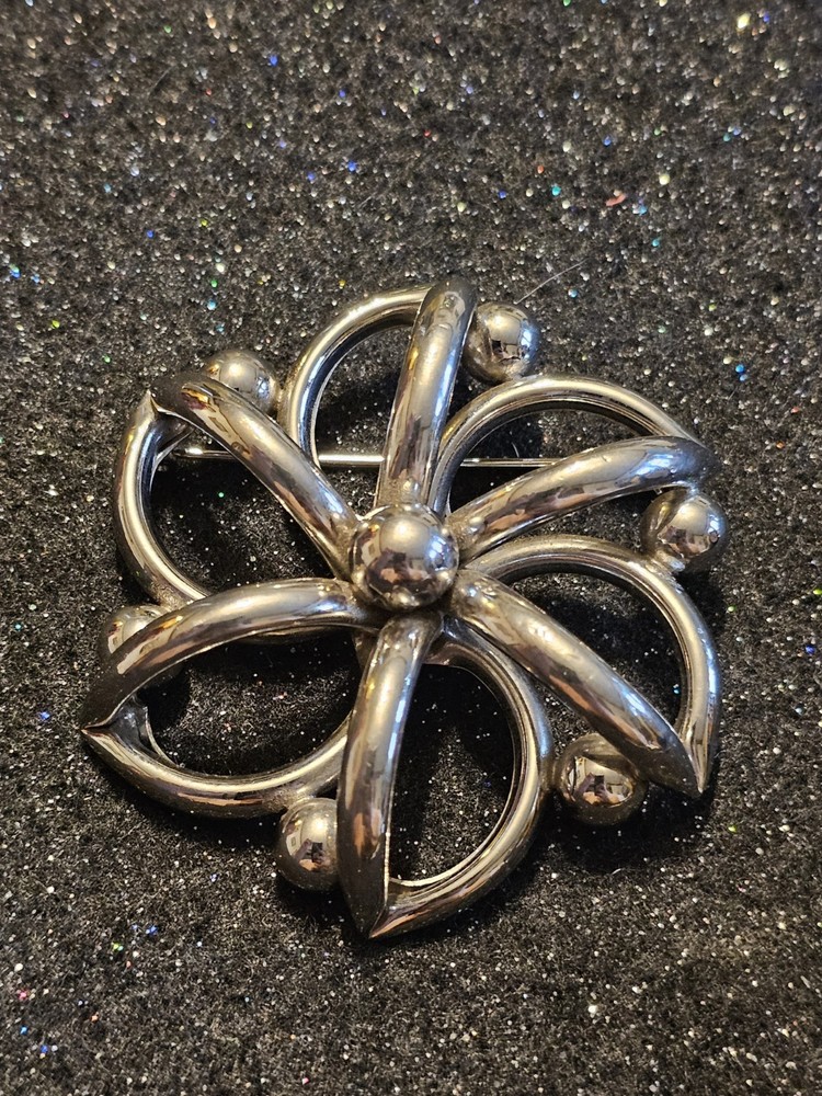 Vintage Modernist Silver Toned Flower Brooch, Heavy