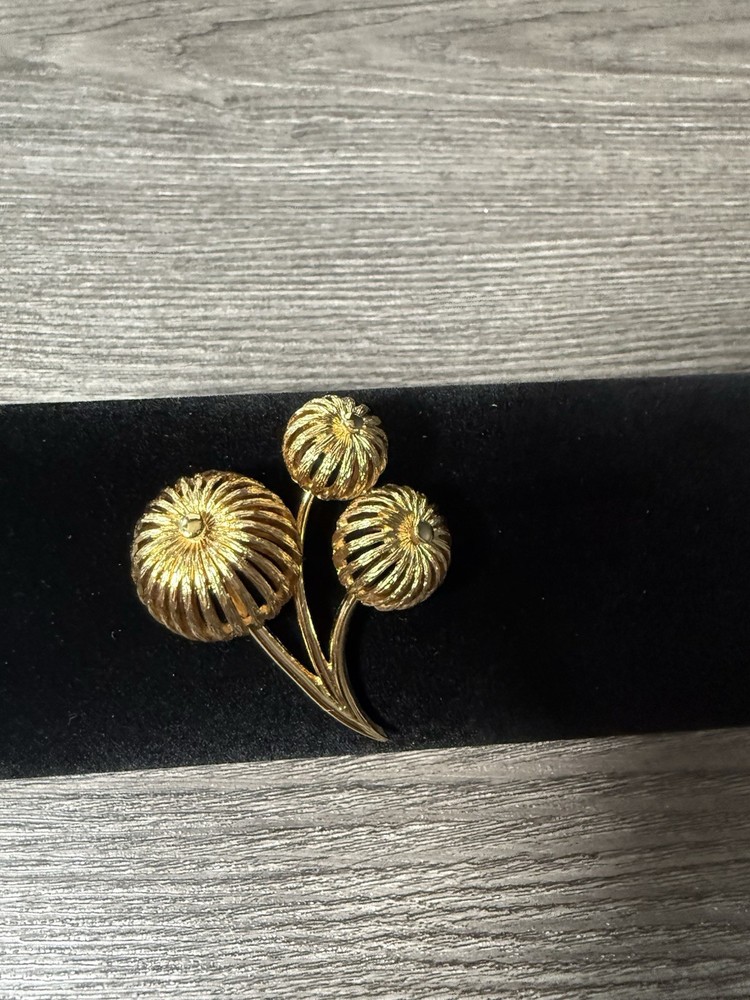 Vintage Goldtone Brooch by Monet 3 Orb Flowered Mid Century Design