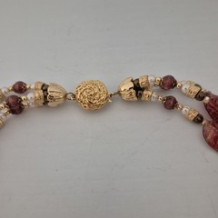 Vtg Estate Gold Foil Cranberry Leaf Pearl Glass Beaded Collar Necklace 3 Strand