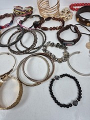 Lot of 30+ Mixed Materials Bracelets Bangle Stretch Cuff Wood Leather Metal