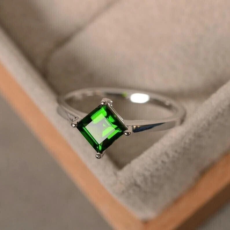 8MM Princess Emerald Lab Created Diamond 925 Silver Solitaire Engagement Ring