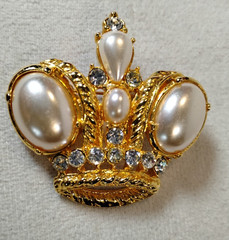 Vintage Royal Crown Tiara Brooch Pin Faux Pearl Cabochons And Clear Rhinestones