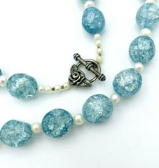 Vintage Blue Crackle Glass Cultured Pearl Bead Necklace 19″