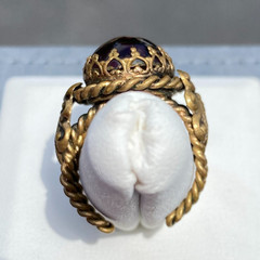 Vintage Ring Czech Glass Purple Cabochon Twisted Brass Adjustable Filigree Bezel