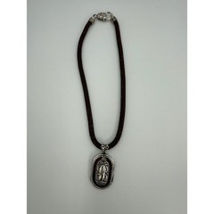 Vintage Mesh Chain Necklace Brown Cord Large Pendant Silver Tone Statement