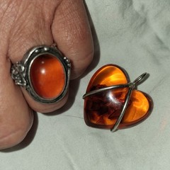 Vintage Sterling Silver Amber Puffy Heart Pendant & Sterling Amber Ring Sz 7.5