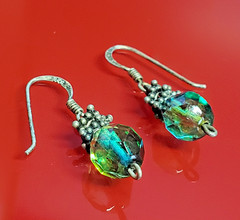 VTG 925 Faceted Glass 1in Drop Earrings Sterling Silver 2gtw Blue Green Swirl
