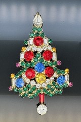 Christmas Tree Colored Rhinestones Baguettes WARNER Vtg Gold Brooch Book Piece