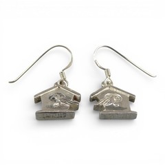 Sterling Silver Bird on Birdhouse Dangle Drop Earrings Brown County Silver