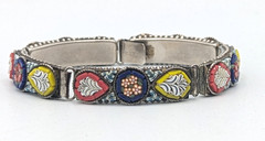 Vintage Micro Mosaic Link Bracelet Multi Color Floral Silver Tone 5 Panel