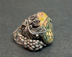 1970 Art Sterling Silver Ring Orbicular Ocean Jasper Grapevine Adjustable 8-10