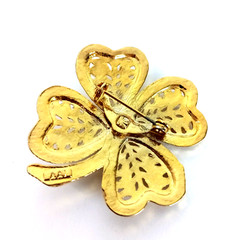 Vintage Four Leaf Clover Small Brooch Faux Pearl Gold Tone Open Work Signed AAI