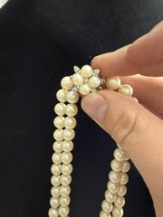 Double Strand Ivory Faux Pearl Beaded Necklace Rhinestone Floral Clasp 16in