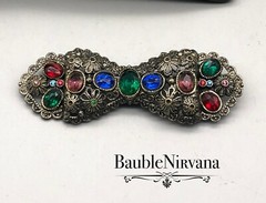 Vintage Silver Flowers Filigree Multi Color Jeweled Glass Stones Bow Pin Brooch