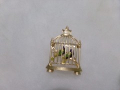 VINTAGE GOLDTONE BIRD CAGE BROOCH WITH 2 ENAMEL BIRDS